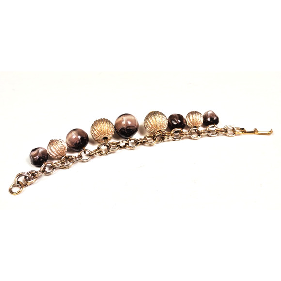 Vintage Gold Tone Fancy Charm Bracelet Baubles Textured Orbs Tiger Eye Balls 7" - Picture 1 of 8